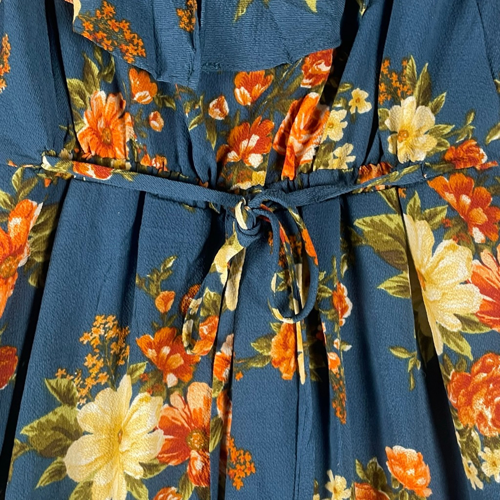 By & By NWT Women’s Floral High-Low Maxi Dress Teal Cold Shoulder Boho Ruffle XS - Picture 7 of 12